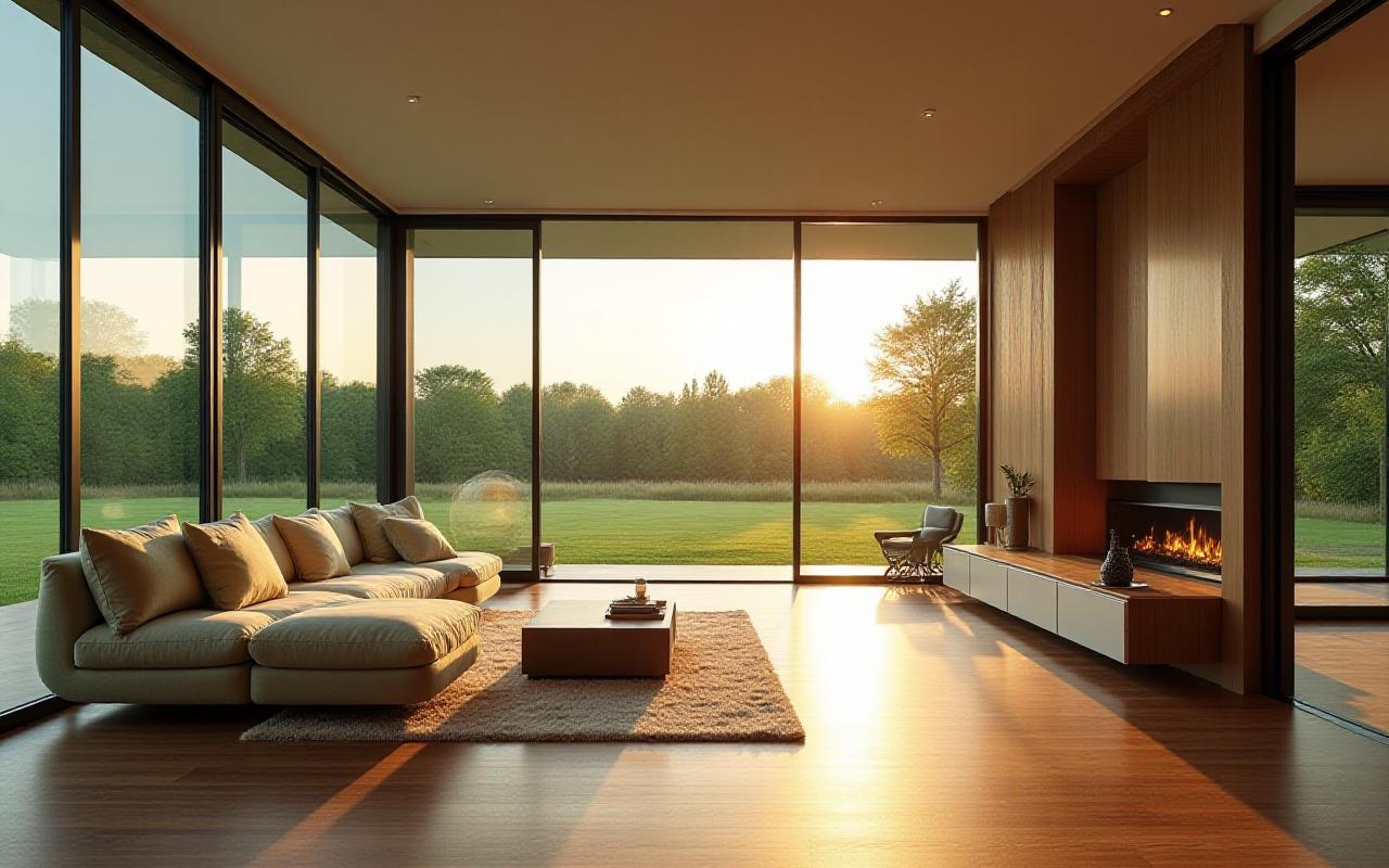Panoramic view of a sunlit, multi-generational living room with wide walnut flooring and elegant transitions