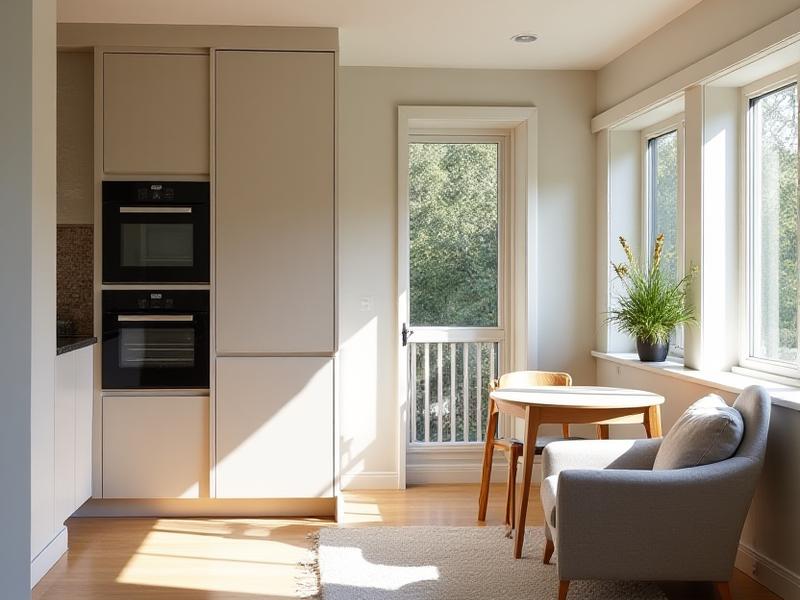 Detailed architectural interior view of an in-law suite with kitchenette and private terrace