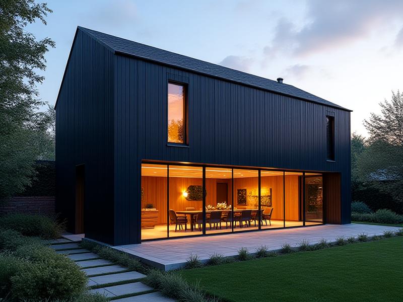 Modern barn conversion with tall windows and dark wood