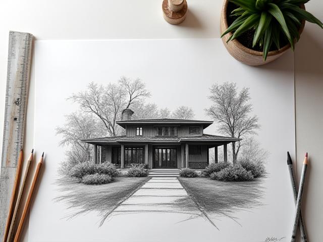 Detailed architectural sketches of a modern country home