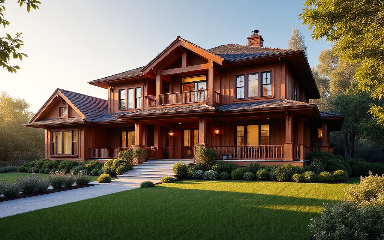 Bespoke country home featuring a sprawling wraparound porch at sunset