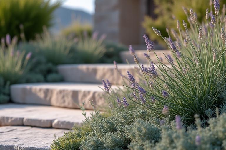 Close up of sustainable stone masonry and native gardens