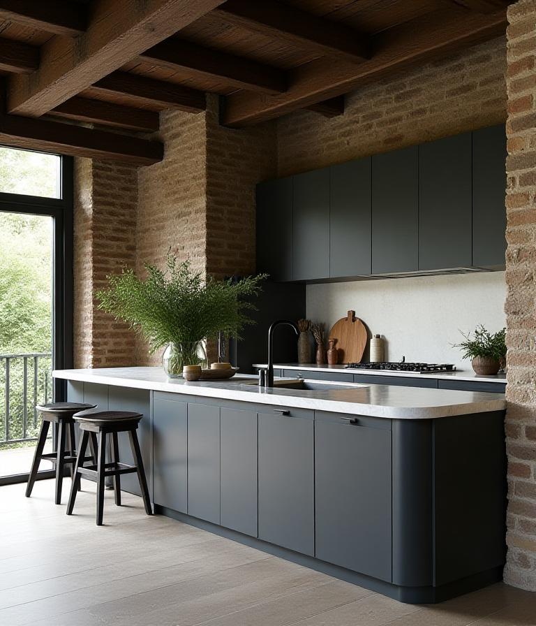 Modern minimal kitchen interior inside a house with historic timber beams
