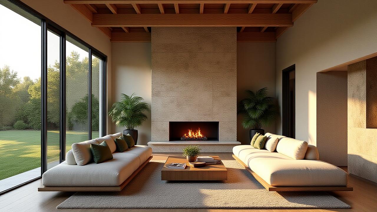 Bespoke country living room with stone fireplace and oversized windows