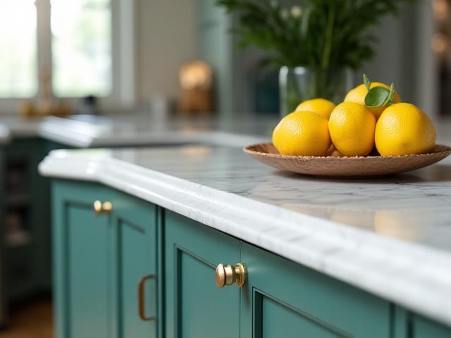 Close up of a luxury kitchen island with marble countertop
