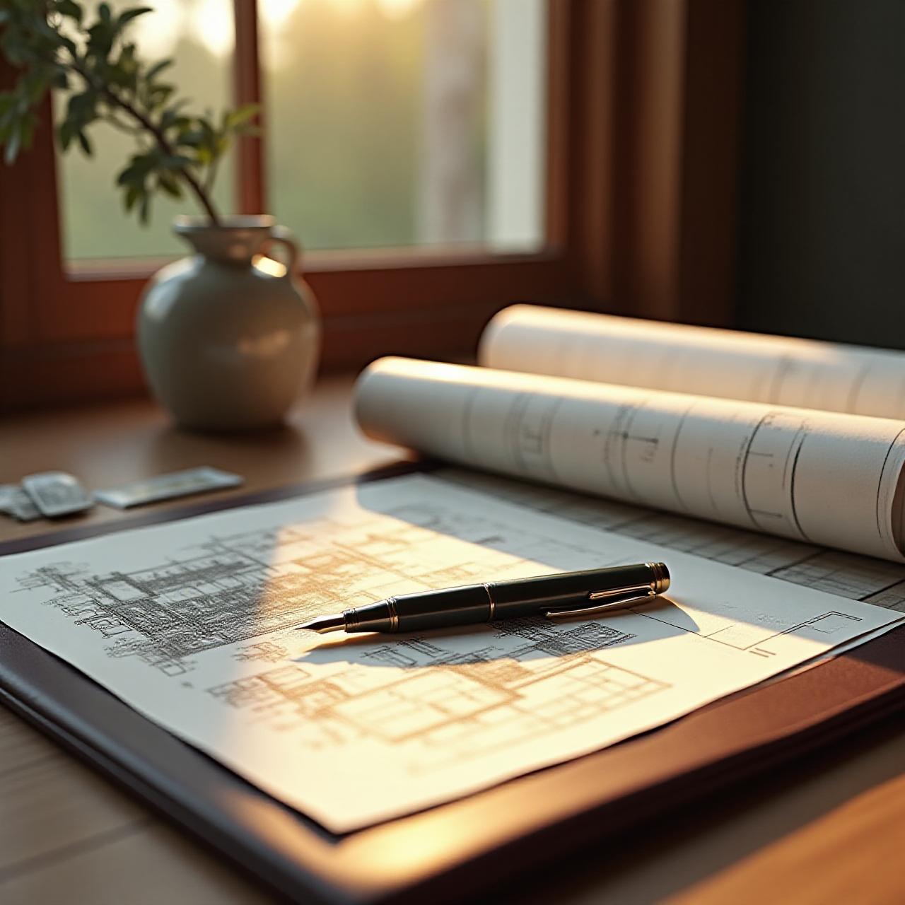 Bespoke country home architectural plans on a refined wooden desk