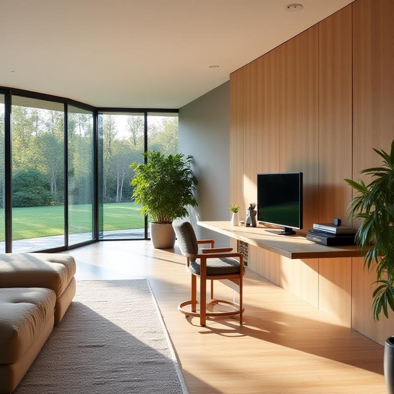 Open concept living room featuring a discreetly integrated executive home office nook