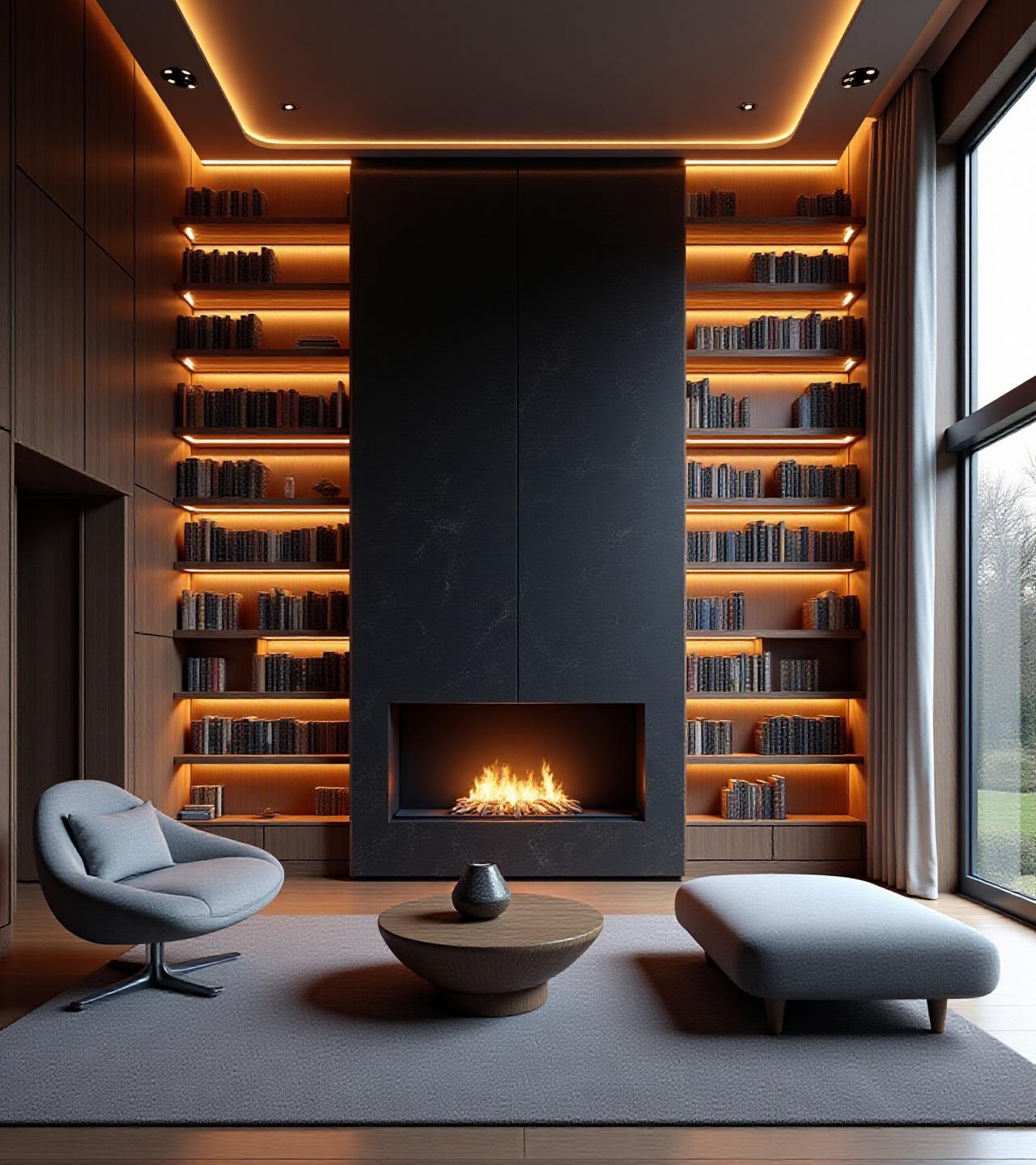 Bespoke home library with custom oak shelving and a modern fireplace feature