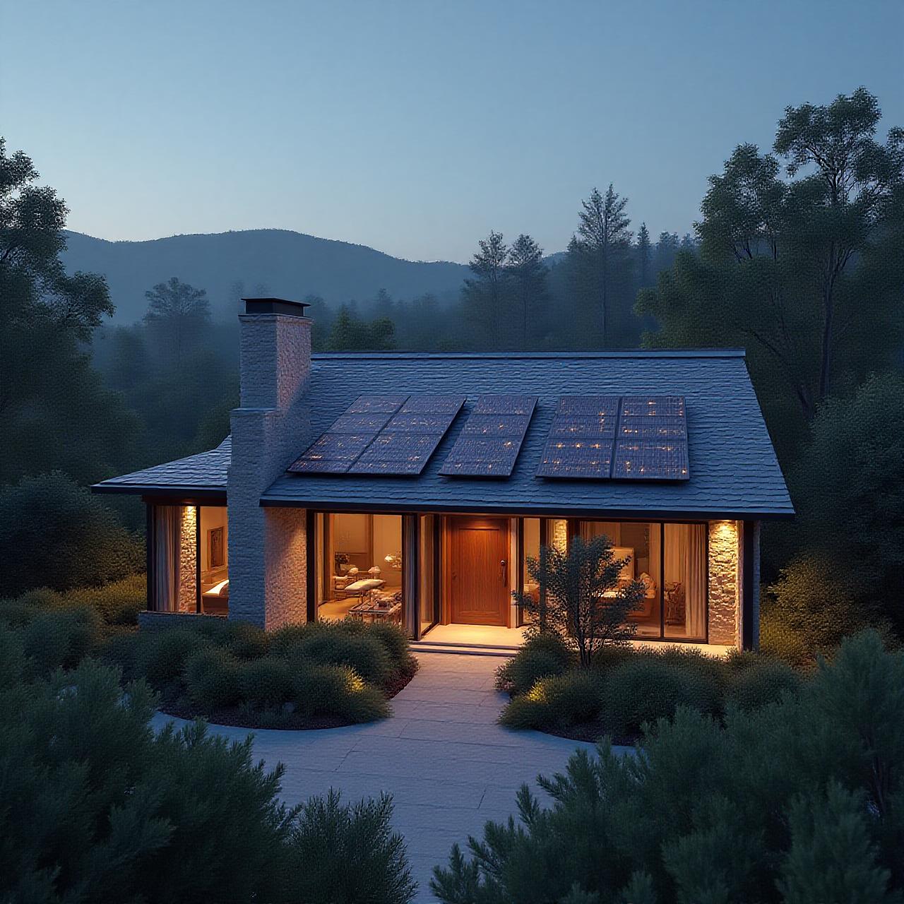 Modern eco-friendly country home with integrated solar panels and natural stone facade